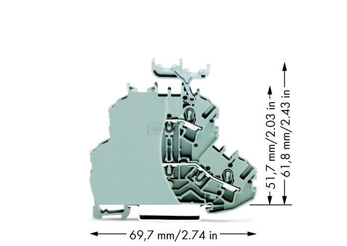 Coupe transversale d'un composant mécanique complexe avec dimensions : largeur de 69,7 mm, hauteur de 517 mm, montrant la structure interne et les éléments fonctionnels.