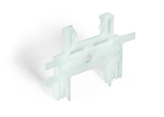 Support en plastique blanc avec plusieurs traverses verticales et horizontales. Nom du fabricant sur la surface.