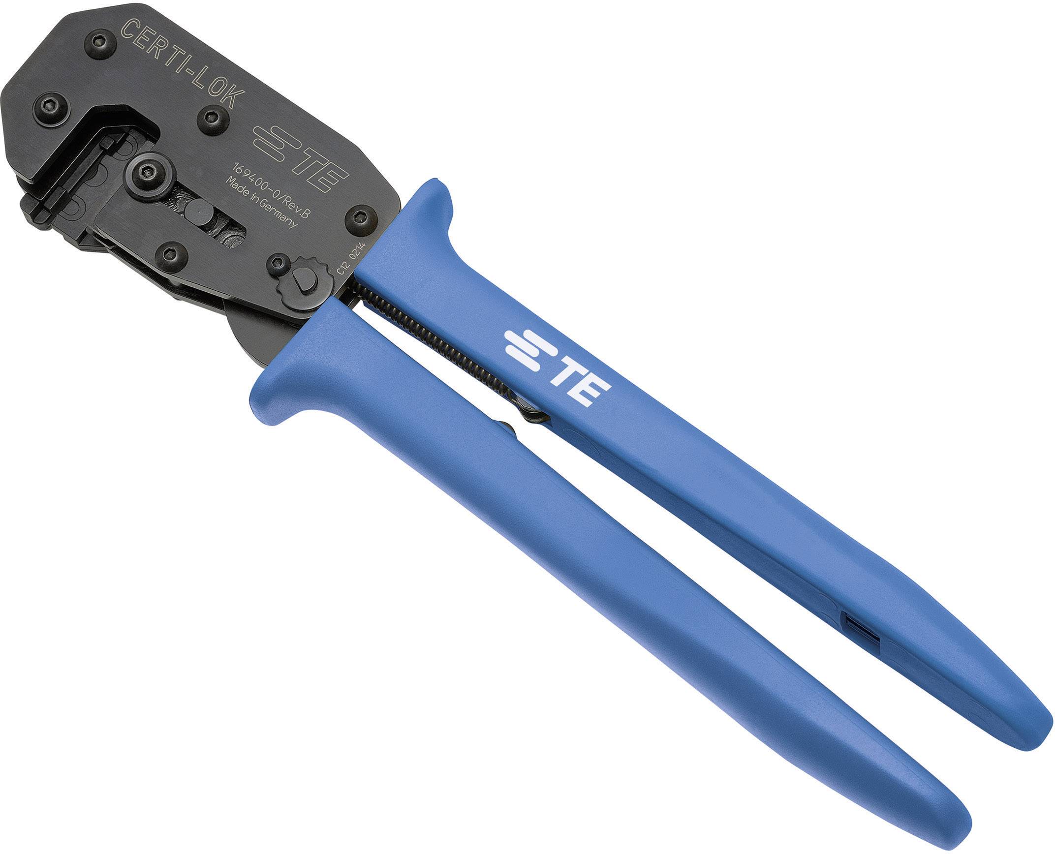 Outil de sertissage bleu avec tête noire, portant l'inscription de marque 'TE'. Conçu pour les connexions électriques.