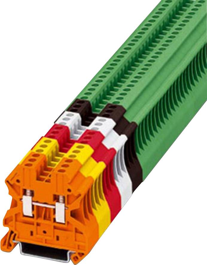 Module de bornes électriques empilables multicolores avec segments de couleurs vert, orange, rouge, blanc et noir.