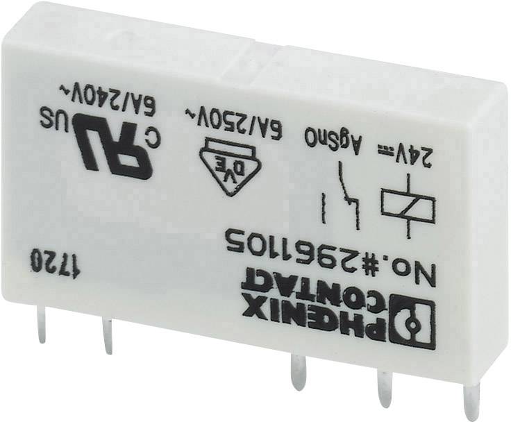 Un relais blanc de Phoenix Contact avec plusieurs broches de connexion. Inscription : '24V 250V CA US', '6A/250V', 'DE'.