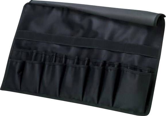 Pochette en cuir noir avec plusieurs poches, pouvant être utilisée pour ranger des outils ou des ustensiles.
