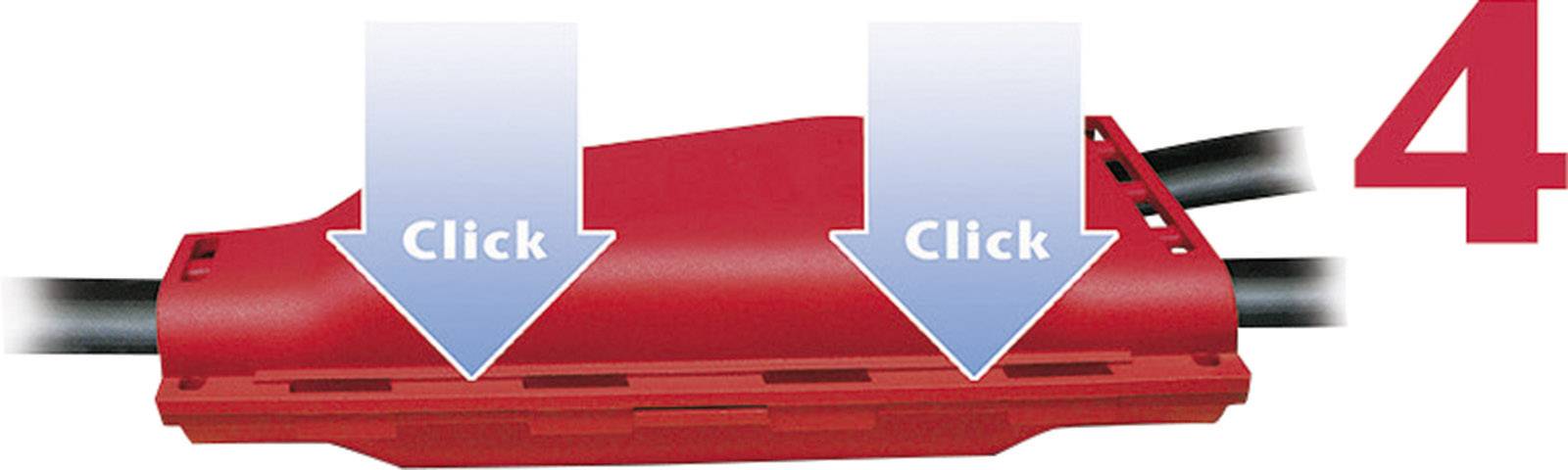 Un boîtier de connexion de câble rouge avec des flèches bleues et le mot 'Click', indiquant le verrouillage correct. Chiffre '4' en haut à droite.