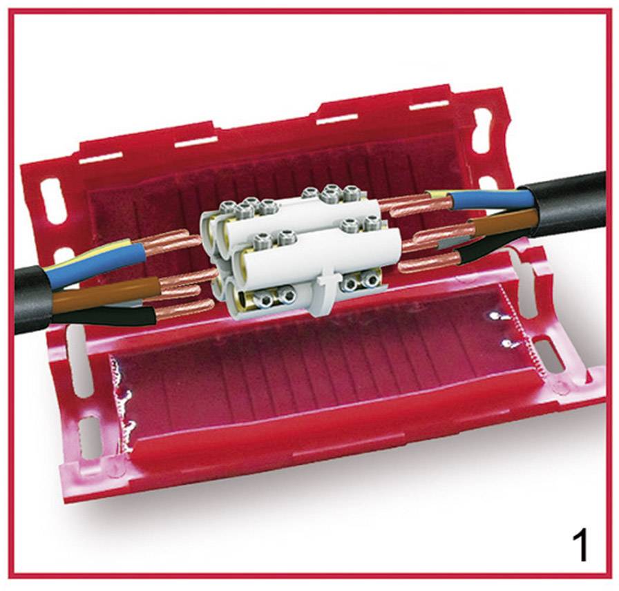 Un boîtier de connexion rouge ouvert montre des câbles colorés reliés par une borne blanche.