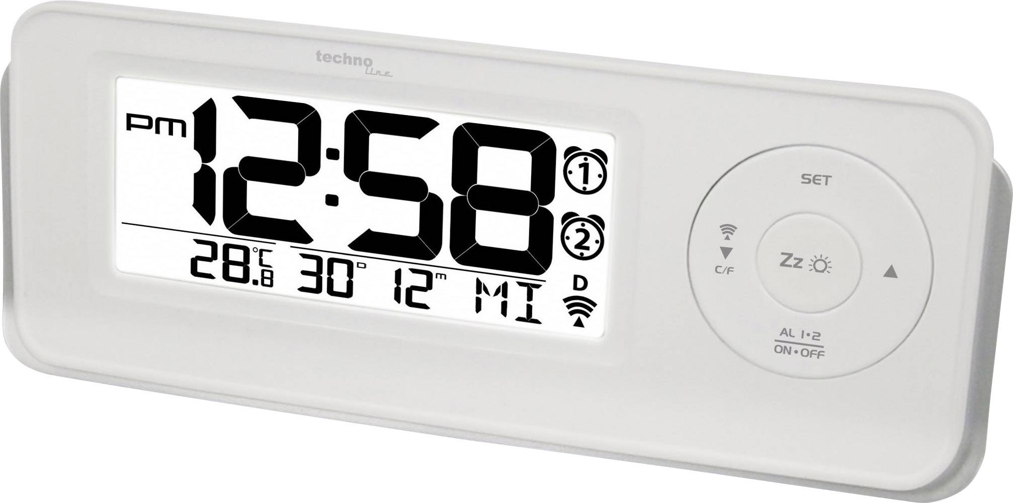 Horloge numérique à affichage LED indiquant l'heure 12:58 PM, température 28,6°C, date 12 du mois et heure du réveil.