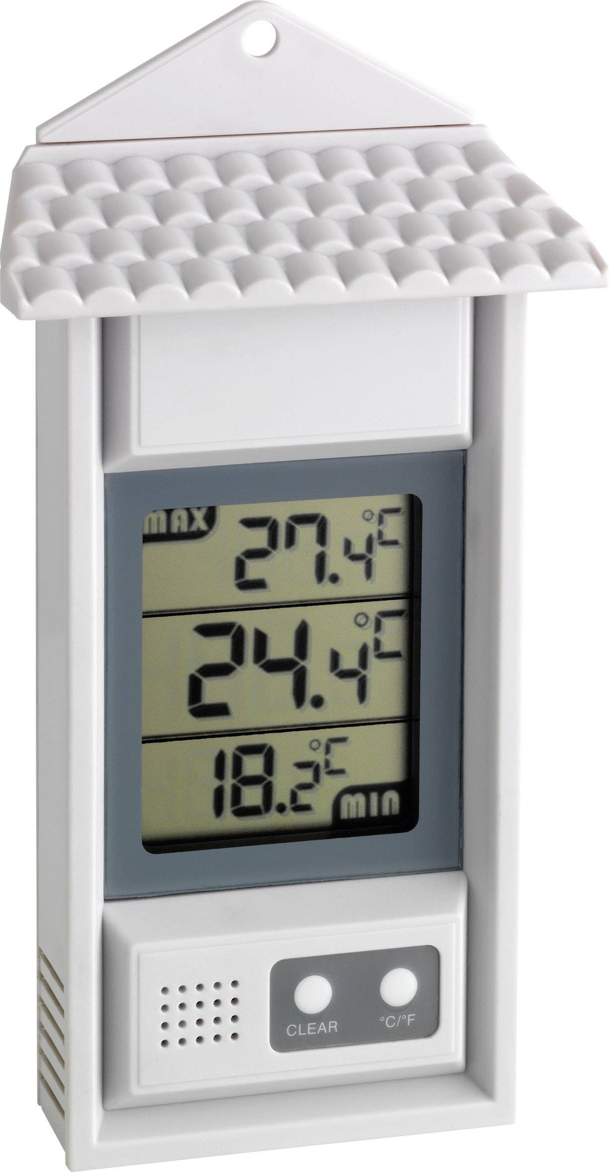 Thermomètre numérique avec trois affichages de température : maximum 27,4°C, actuel 24,4°C, minimum 18,2°C. Boîtier avec design de toit intégré.