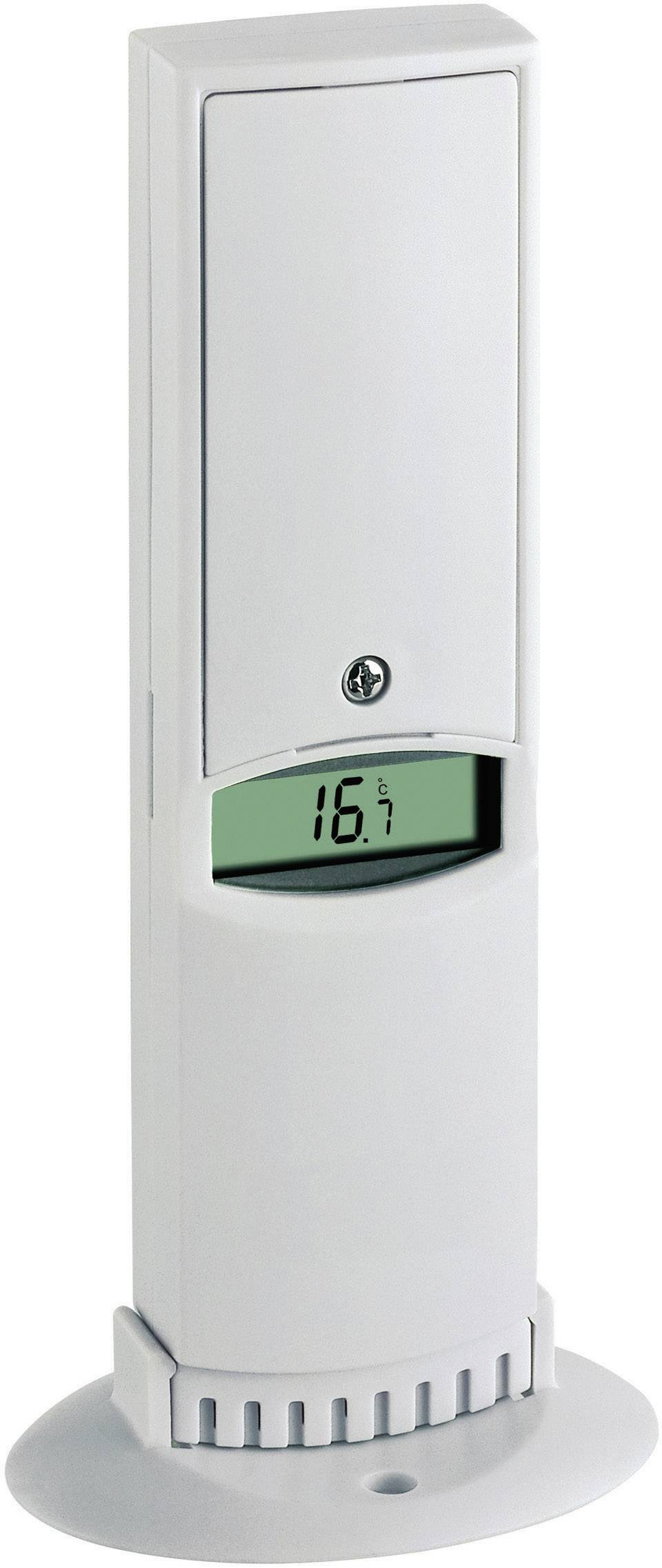 Thermomètre numérique blanc avec un petit écran affichant la température. Le design est épuré et compact.