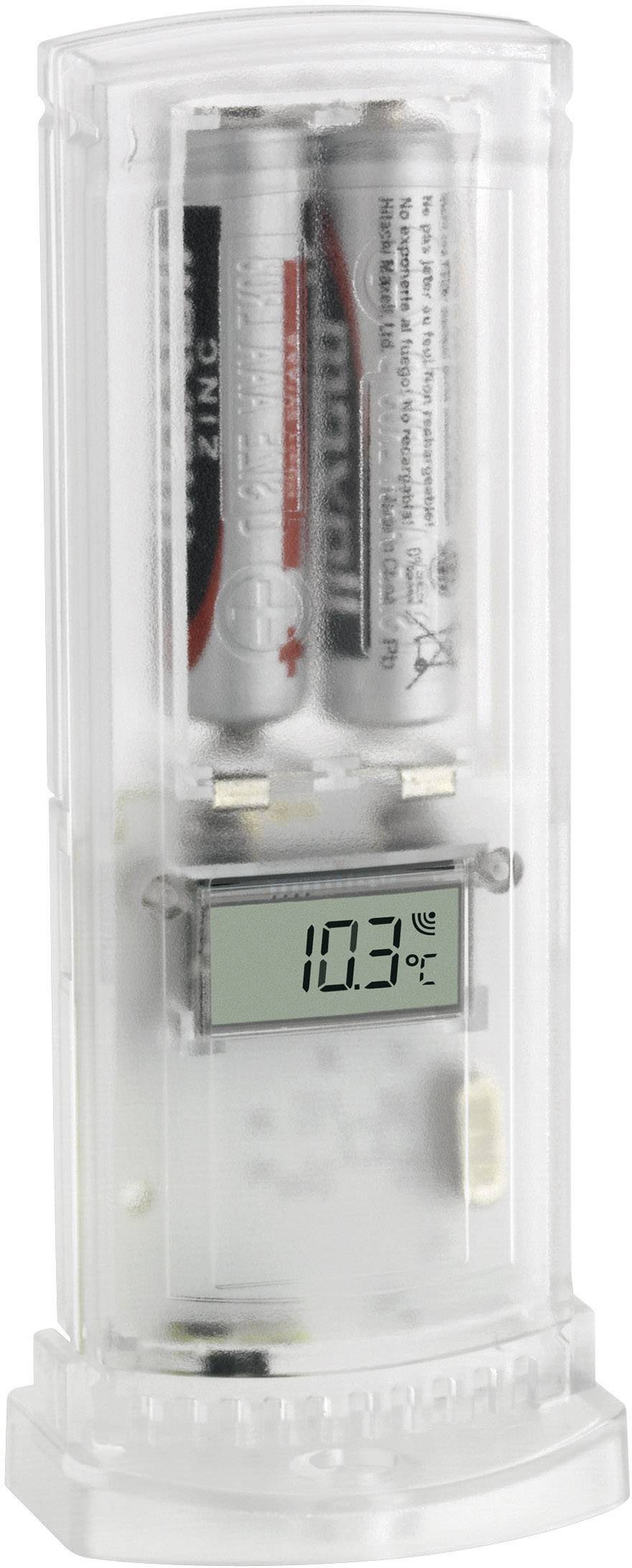 Testeur de batterie numérique transparent affichant '10.3' sur l'écran. L'appareil contient deux piles AA à l'arrière.