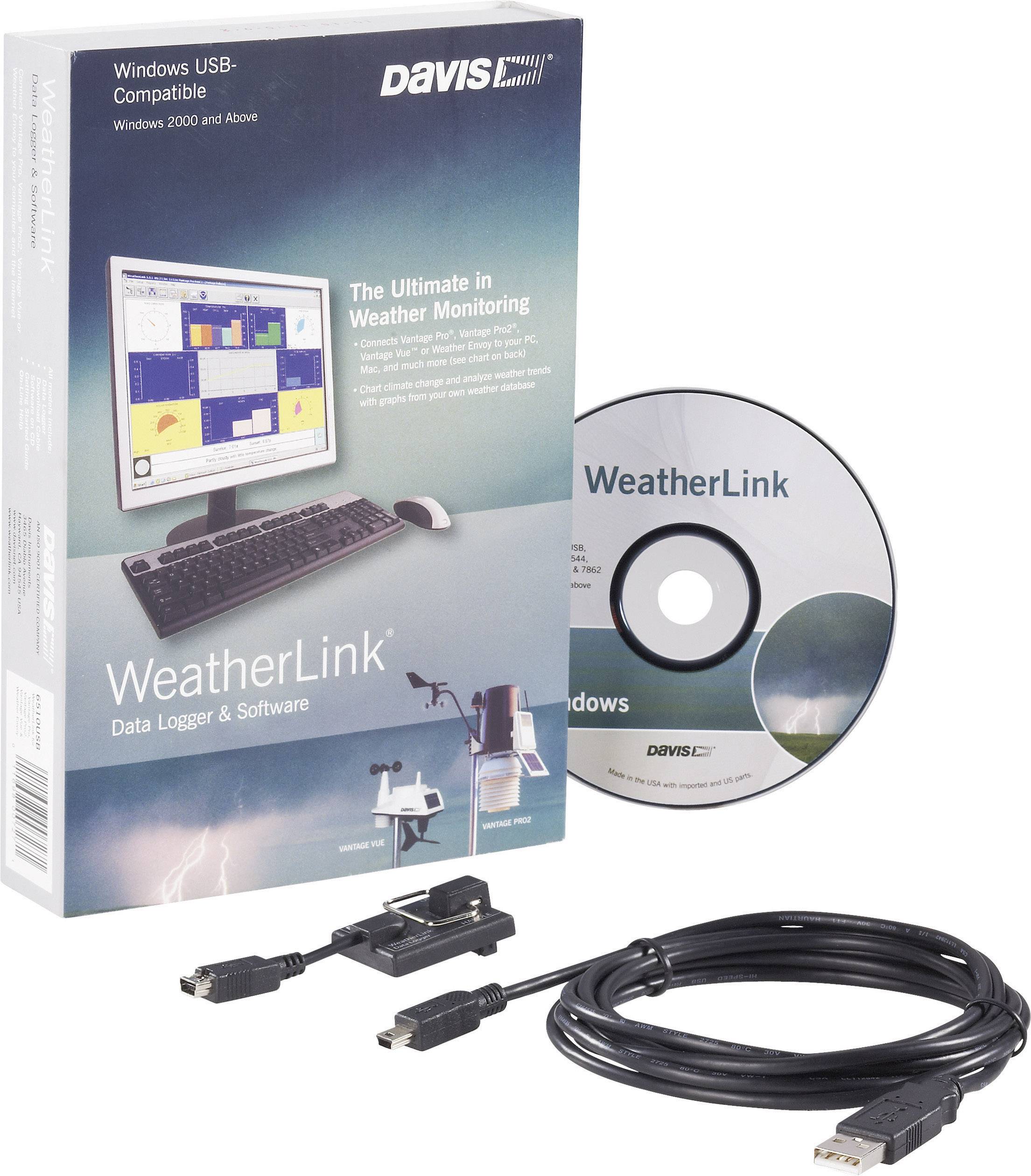 Logiciel 'WeatherLink' avec CD et câble USB pour la surveillance météorologique. Présente des exemples de captures d'écran et des diagrammes d'installation.