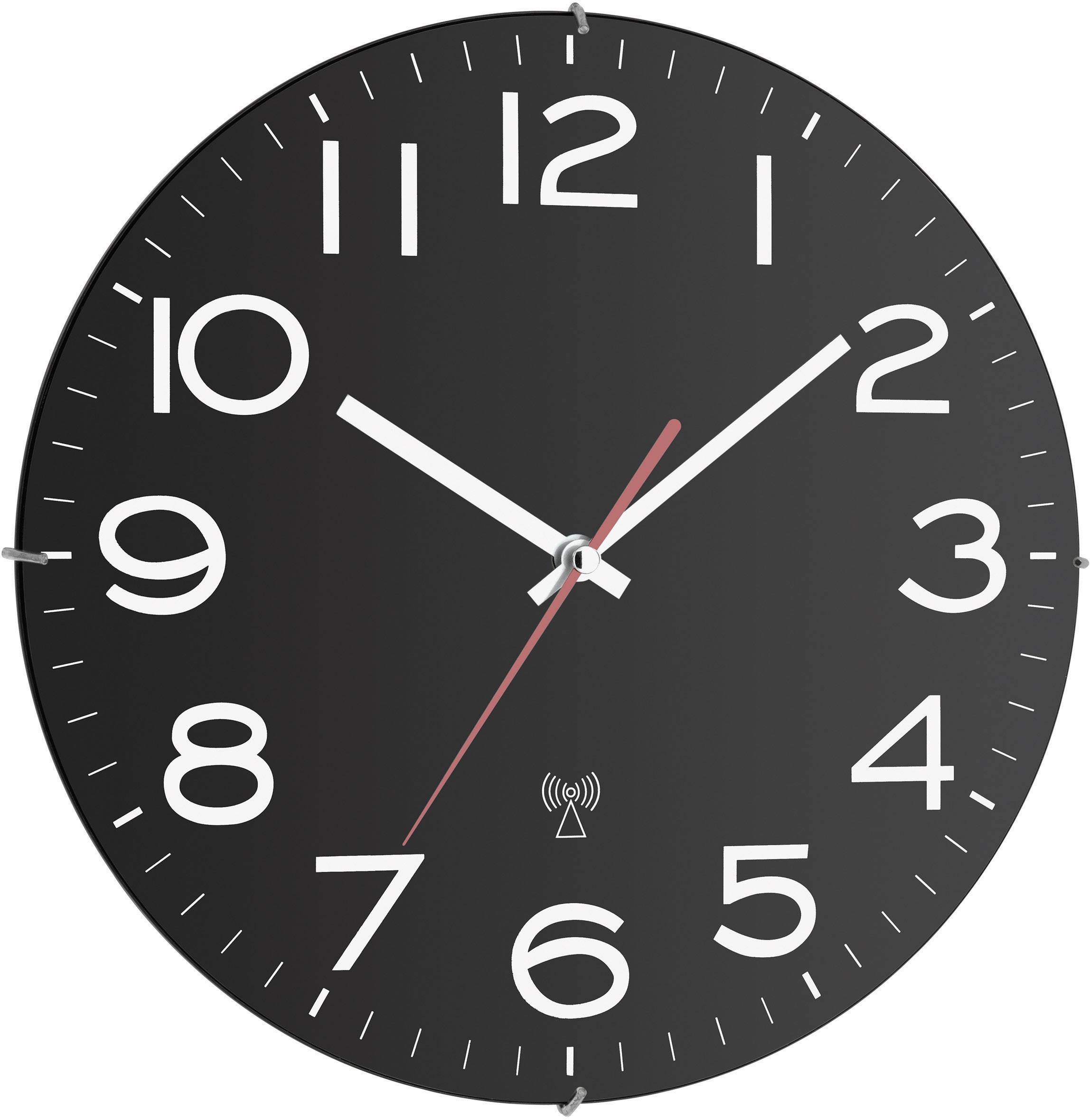 Horloge murale noire avec des chiffres blancs et deux aiguilles indiquant 10:09. Aiguille des secondes rouge.