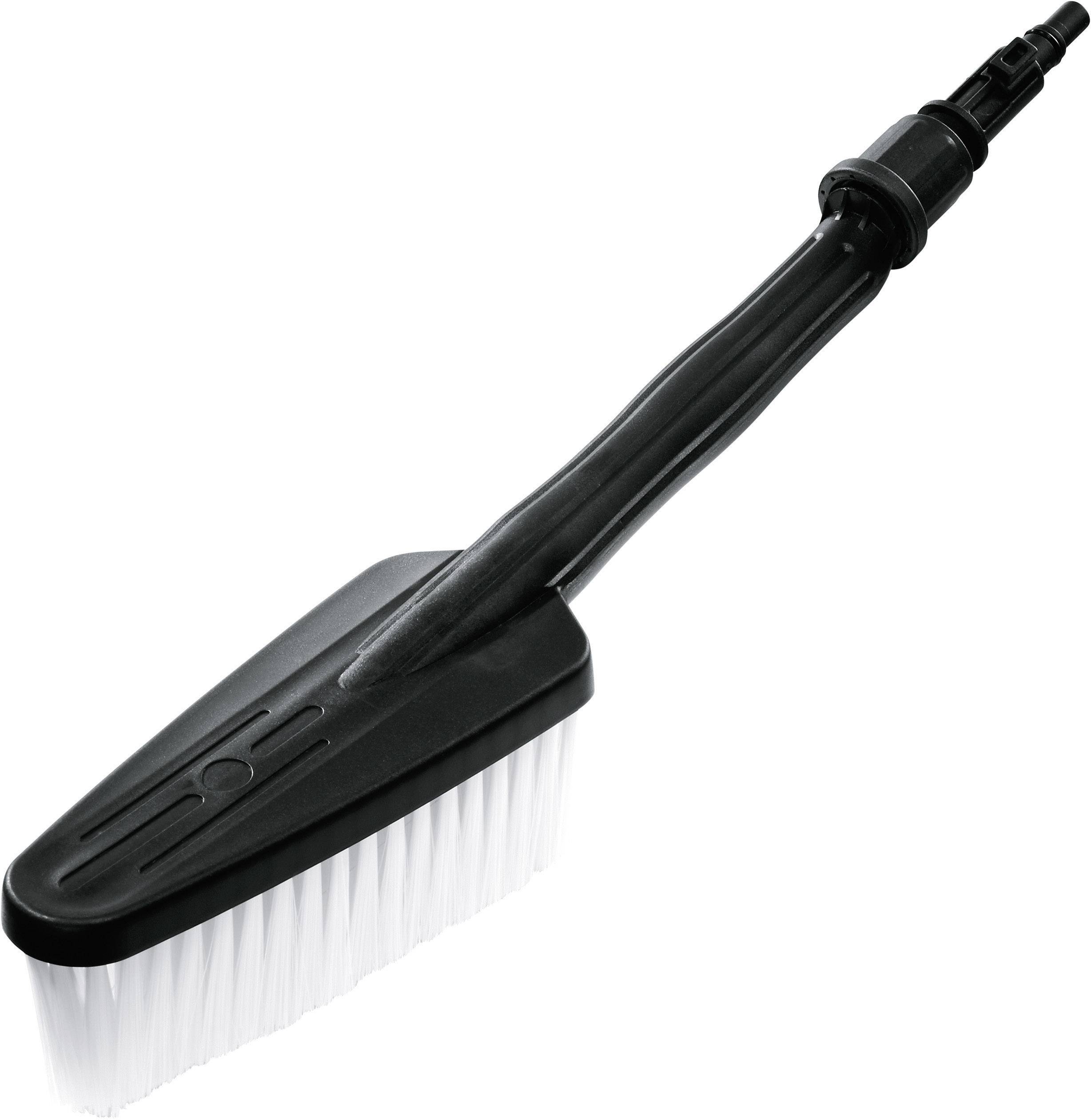 Brosse avec manche noir et poils blancs, adaptée au nettoyage de surfaces.