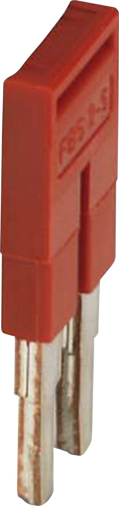 Un adaptateur fiche plate rouge à deux broches métalliques, souvent utilisé pour connecter des câbles électriques dans des applications électroniques.