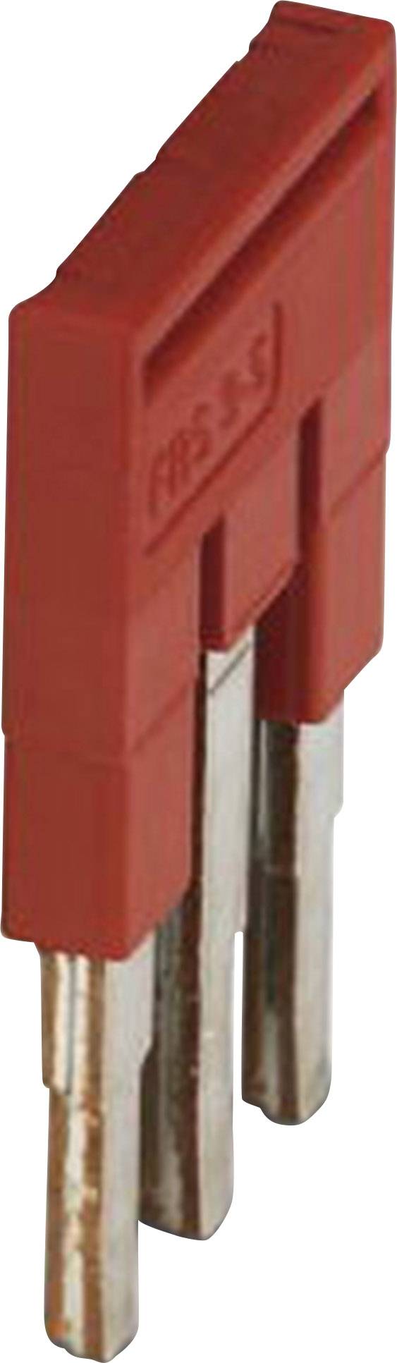 Fiche plate rouge à deux contacts métalliques, vue de côté. Adaptée pour les connexions électriques dans les appareils.