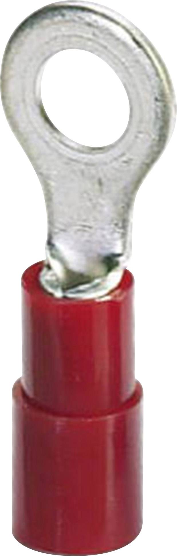 Cosse de câble rouge avec œillet métallique, adaptée aux connexions électriques et à la fixation sécurisée sur des vis ou des boulons.