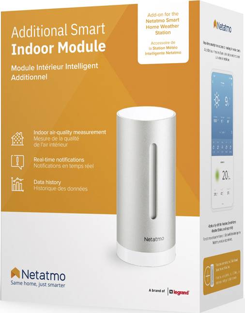 Module additionnel pour station météo Netatmo. Mesure la qualité de l'air, la température, l'humidité et l'historique des données. Cylindre argenté.