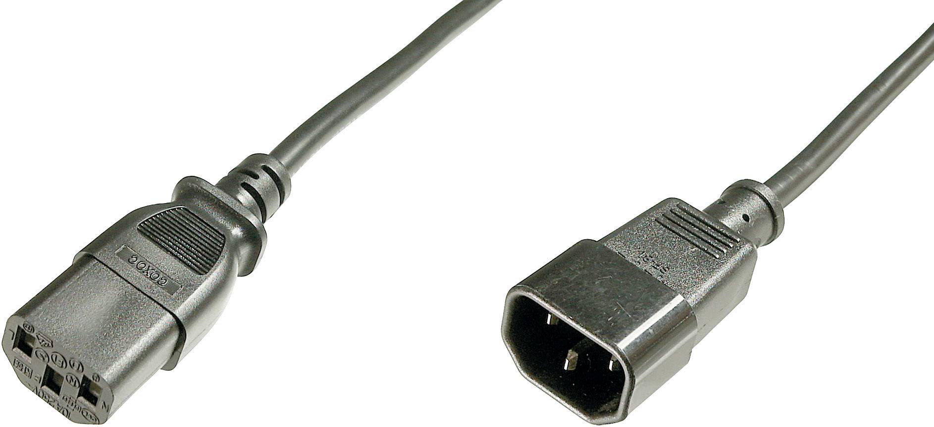 Un câble réseau noir avec une fiche IEC C13 à gauche et une fiche IEC C14 à droite.