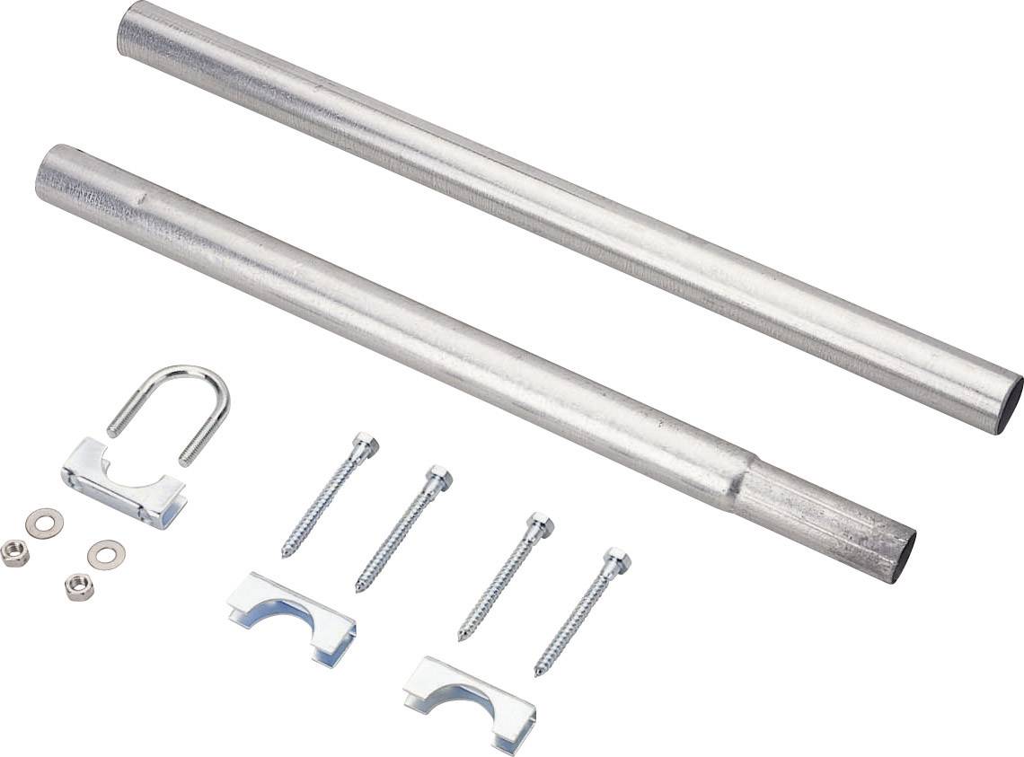 Deux longues tiges métalliques, des vis, des écrous et des attaches pour le montage d'un support ou d'un support de fixation.