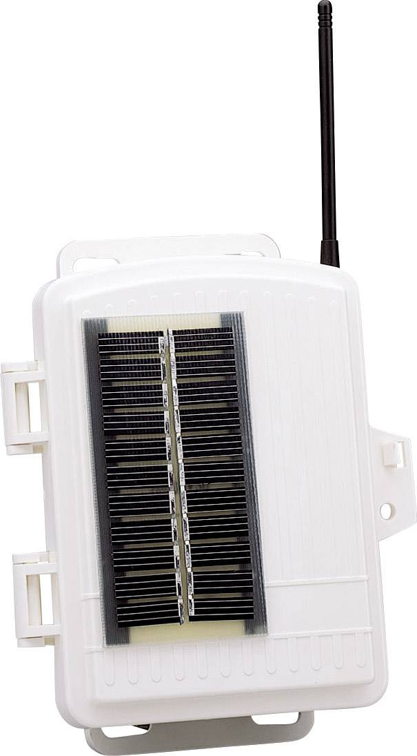 Un appareil blanc rectangulaire avec une antenne et des fentes verticales sur la face avant. Probablement un dispositif électronique de communication.