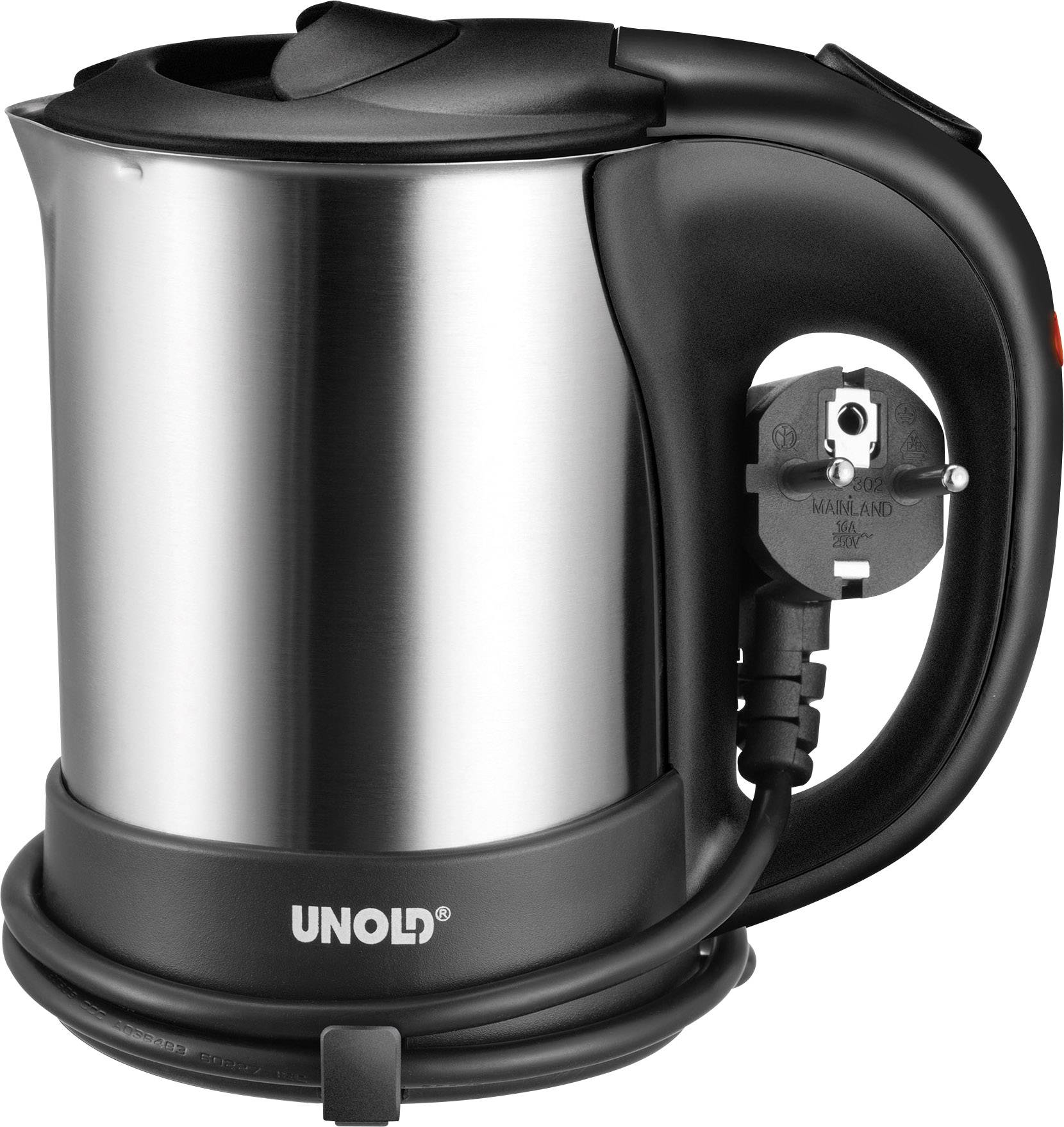 Une bouilloire argentée et noire avec un câble électrique intégré, enroulé à la base.