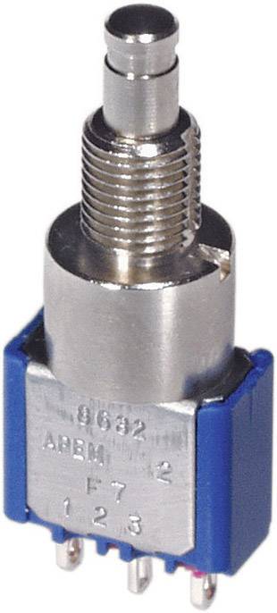 Un bouton-poussoir argenté avec une base bleue et plusieurs broches de connexion.