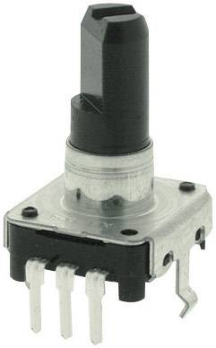 Potentiomètre rotatif avec cinq broches métalliques et bouton de réglage noir. Couramment utilisé dans les appareils électroniques pour ajuster la résistance.
