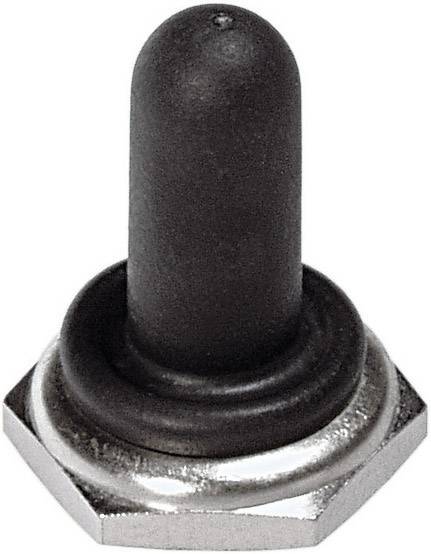 Capuchon de caoutchouc noir couvrant un interrupteur sur un cadre métallique hexagonal. Il protège contre la poussière et l'humidité.