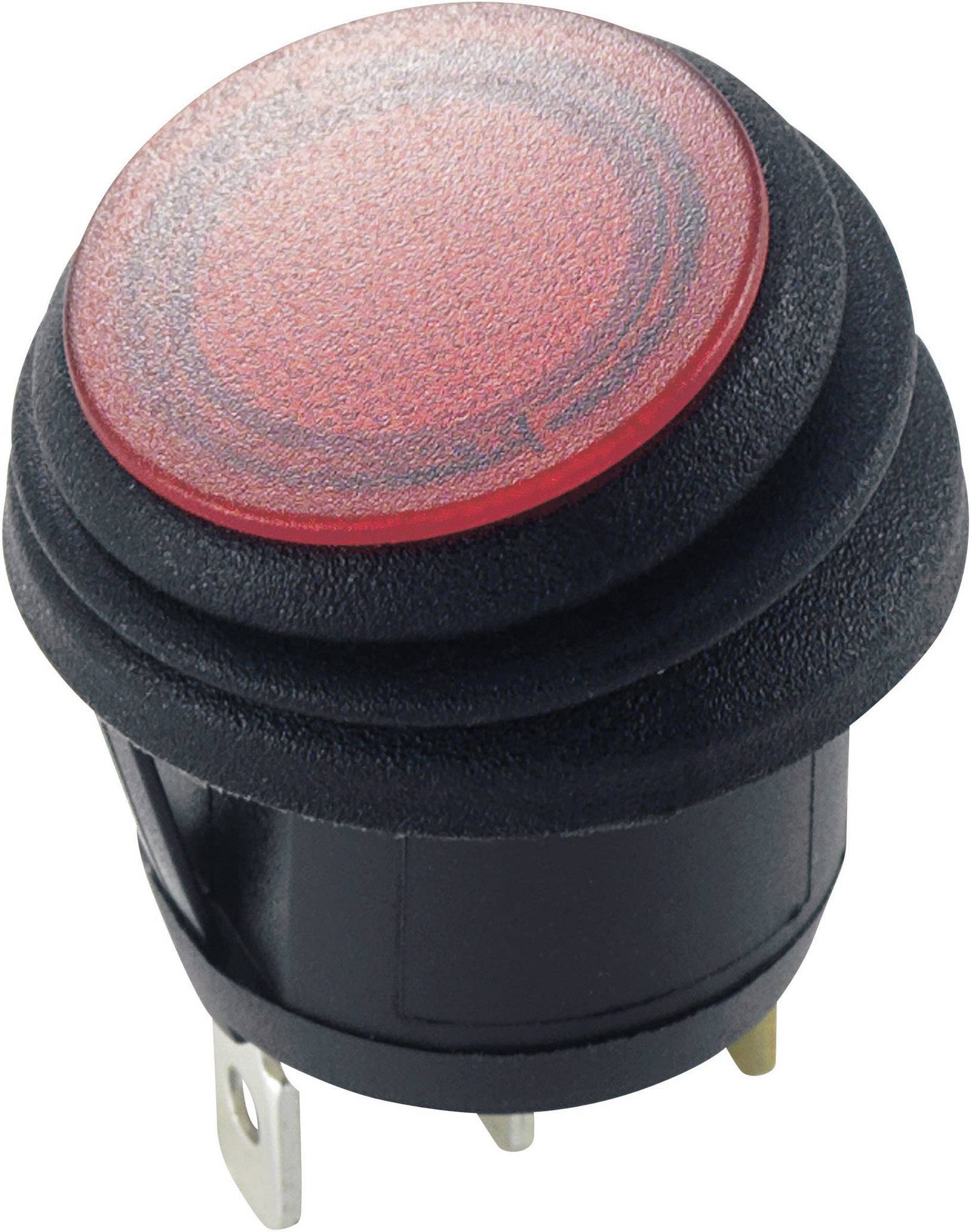 Un interrupteur à bascule rouge et rond avec un boîtier noir et trois broches de connexion, adapté aux appareils électroniques.
