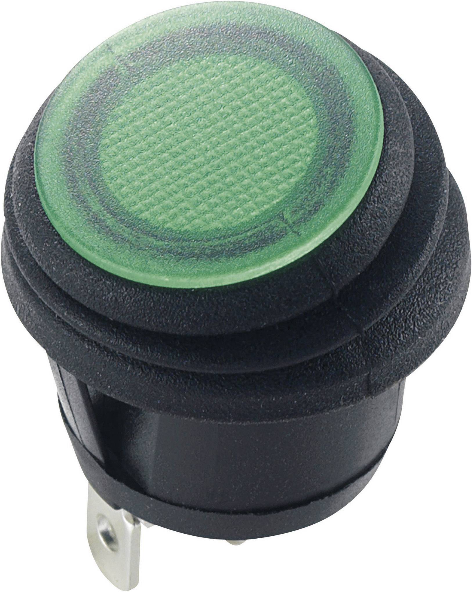 Bouton-poussoir rond, de couleur verte, dans un boîtier noir, avec une tige métallique saillante pour la fixation ou la connexion.
