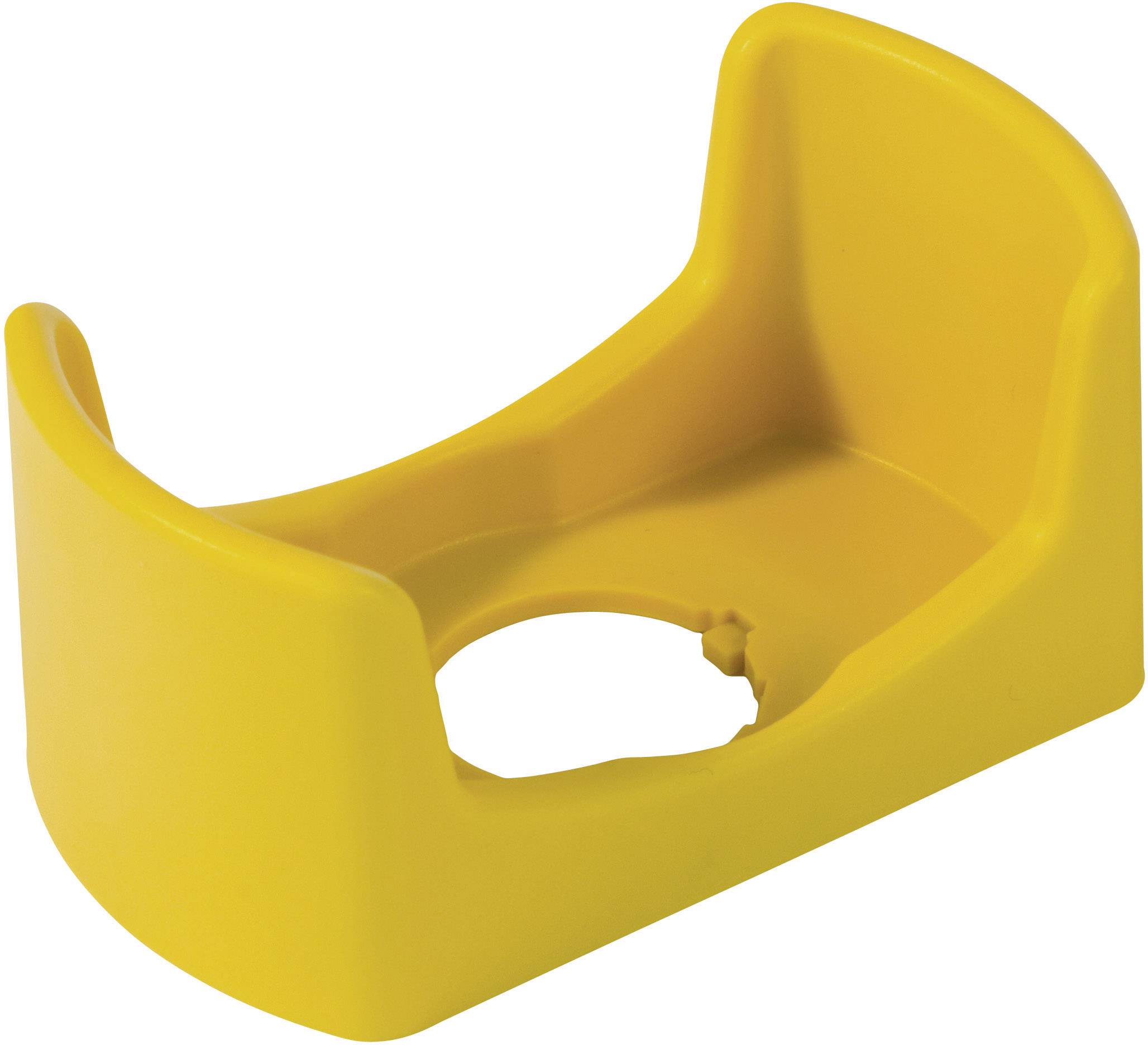 Accessoire en plastique jaune, probablement un support ou une protection, avec une ouverture circulaire au centre.