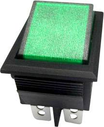 Un interrupteur à bascule rectangulaire avec bouton de commande illuminé en vert. Utilisé pour les appareils électriques afin de contrôler les fonctions marche/arrêt.