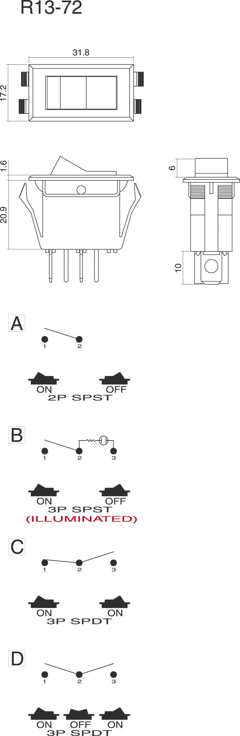 SCI Interrupteur à bascule R13-72B-01 250 V/AC 10 A 1 x Off/On à accrochage