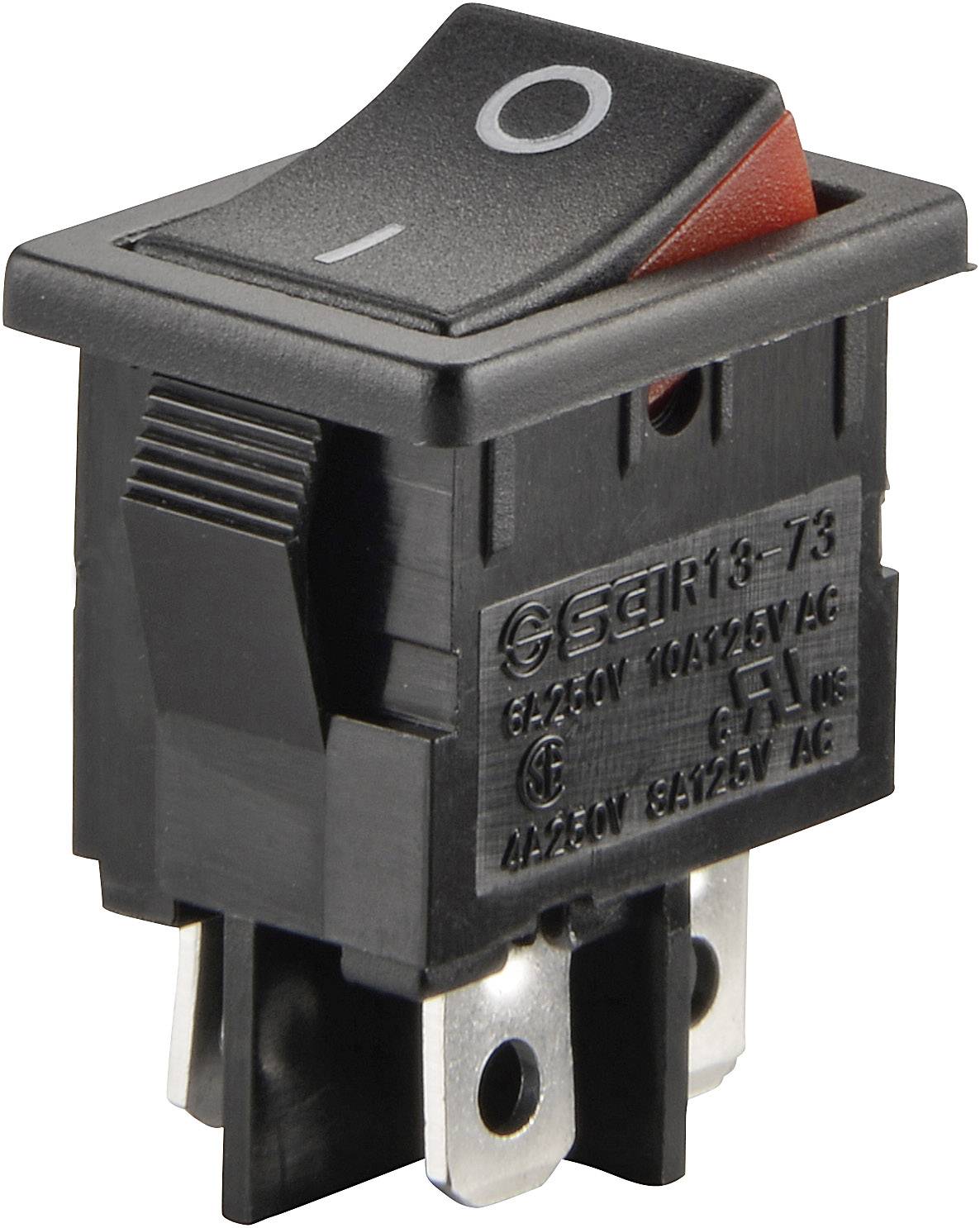 Interrupteur à bascule noir et rouge avec symboles Marche/Arrêt, adapté aux appareils électroniques. Affiche les spécifications actuelles sur le côté.