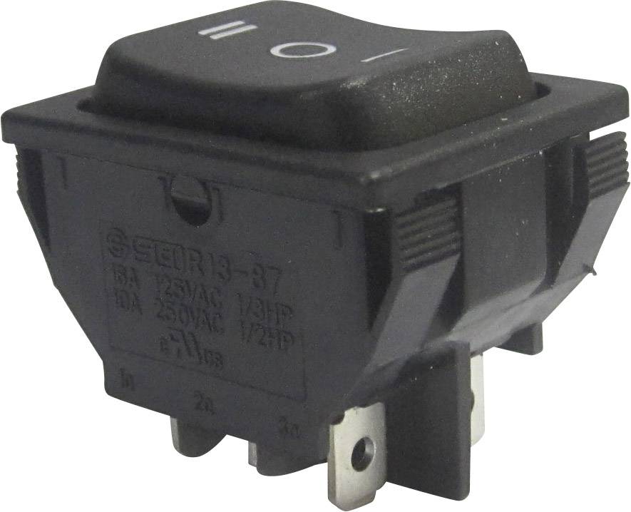 Un interrupteur à bascule noir avec des symboles Marche-Arrêt est représenté en vue latérale, adapté pour le contrôle électrique.