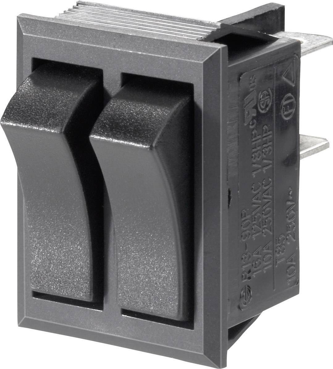 Un interrupteur à bascule noir à deux touches. Utilisé pour contrôler des appareils électroniques en les mettant en marche ou à l'arrêt.