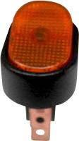 Un témoin lumineux orange, ovale, avec un boîtier noir et un contact métallique en bas, typiquement utilisé pour des applications électriques.