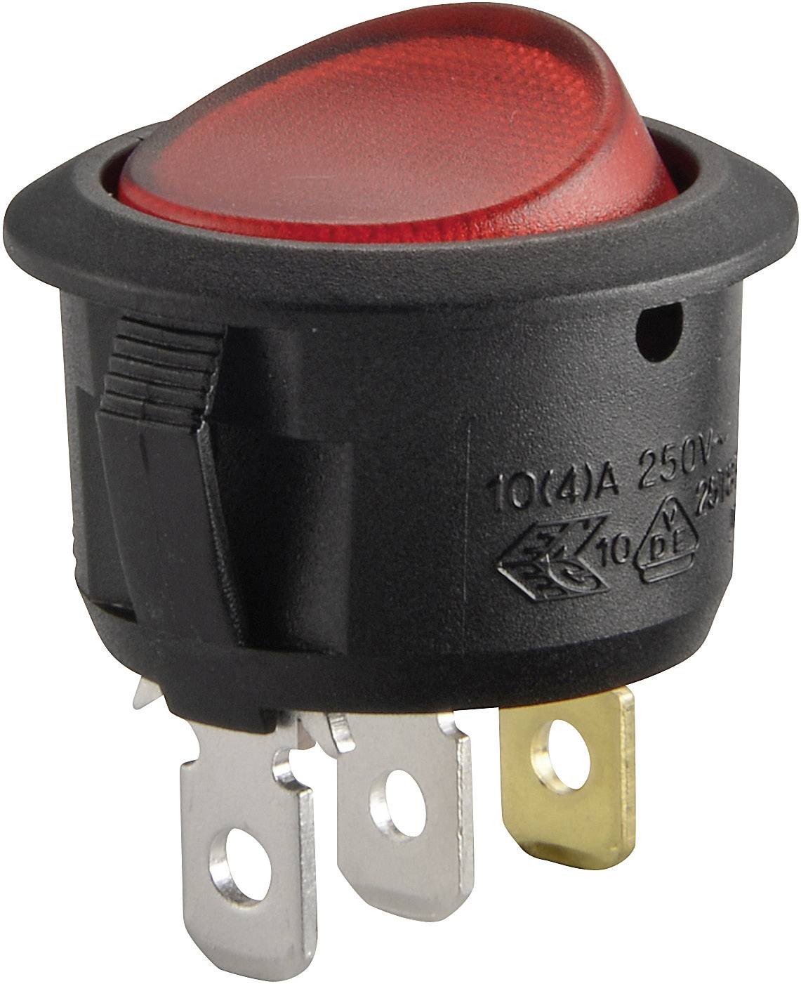 Interrupteur à bascule rond rouge avec boîtier noir, trois contacts métalliques en bas. Adapté aux appareils électriques.