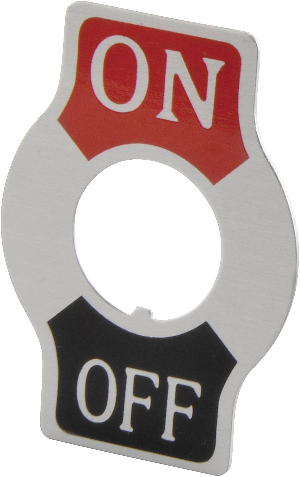 Couvercle de commutateur métallique avec les inscriptions 'ON' en rouge et 'OFF' en noir.