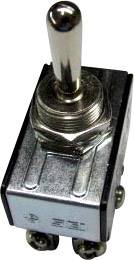Un interrupteur à bascule en métal, vertical. Il possède un levier en haut et trois points de connexion en bas, servant à commander des circuits électriques.