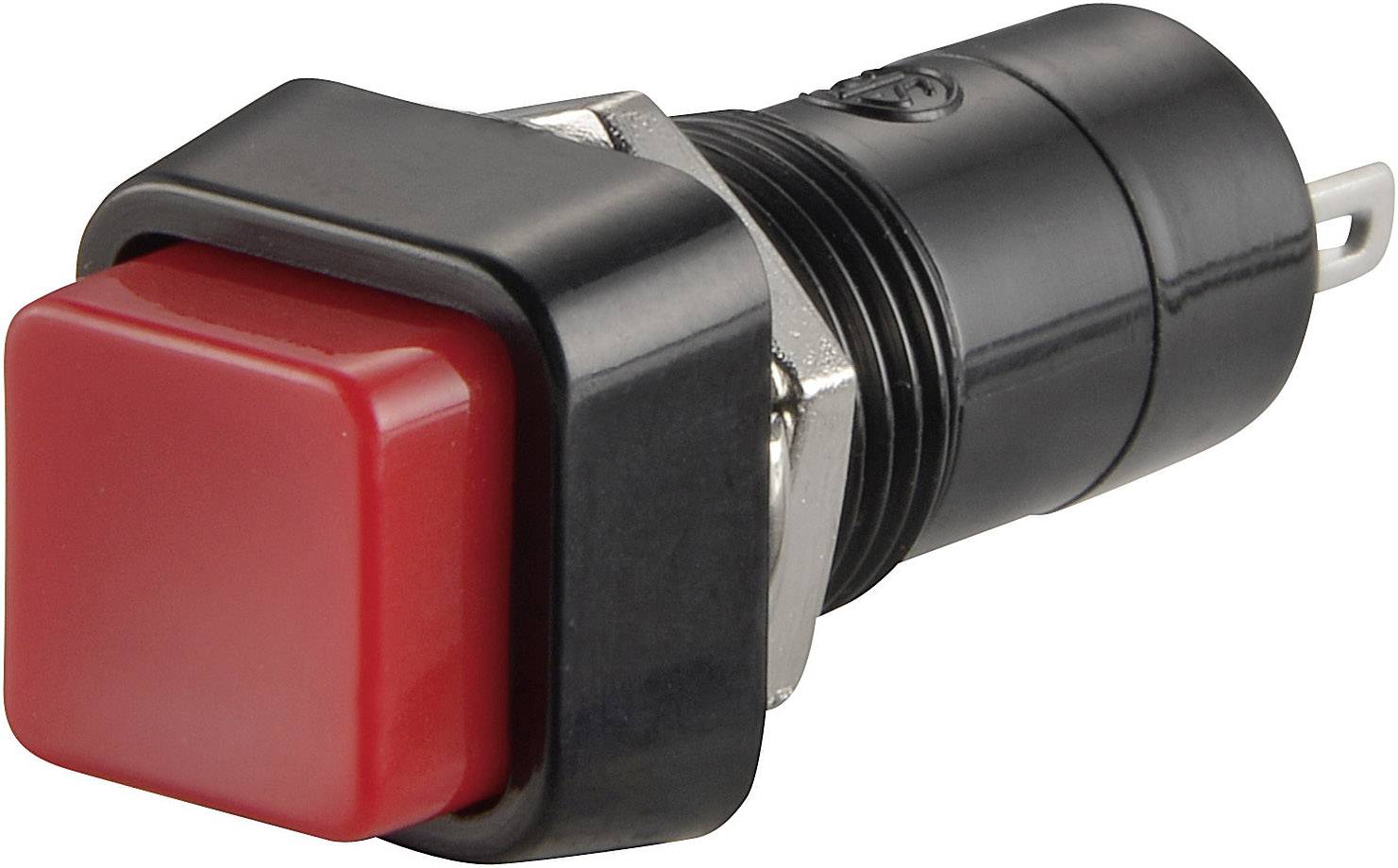 Interrupteur à bouton-poussoir carré rouge avec boîtier noir. Adapté pour les panneaux de commande ou les appareils électroniques.