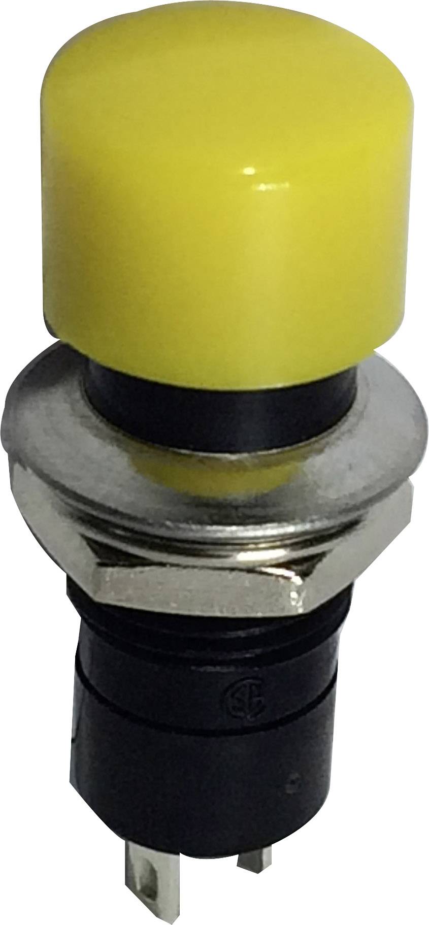 Interrupteur de pression jaune avec bouton rond et socle noir, adaptable et convenant à l'utilisation dans des appareils électroniques.