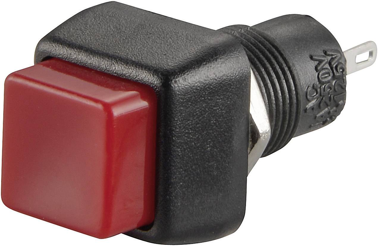 Un bouton-poussoir rouge, intégré dans un support noir, avec un raccord fileté argenté, adapté pour les appareils électroniques.