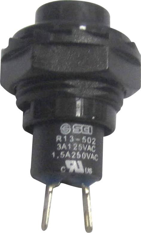 Un bouton-poussoir noir et rond avec contacts métalliques et l'inscription : « R13-502, 3A 125VAC, 1.5A 250VAC ».