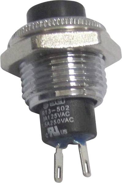 Un bouton-poussoir rond avec deux bornes métalliques, adapté pour 125VAC et 250VAC, avec un boîtier métallique rond et strié.