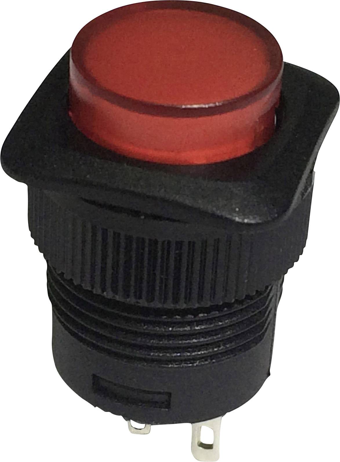 Bouton-poussoir rouge, rond, avec boîtier noir, destiné au contrôle électrique dans des appareils ou des machines.
