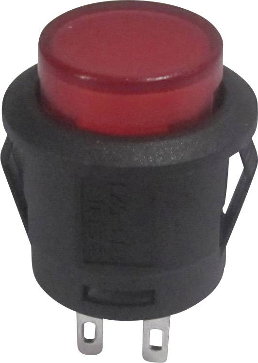 Un bouton-poussoir rouge et rond avec un boîtier noir et deux bornes métalliques pour l'installation dans des appareils électroniques.