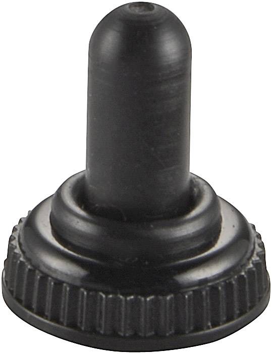 Un bouchon noir en plastique cylindrique avec des rainures à la base, adapté pour des bouteilles ou des récipients.