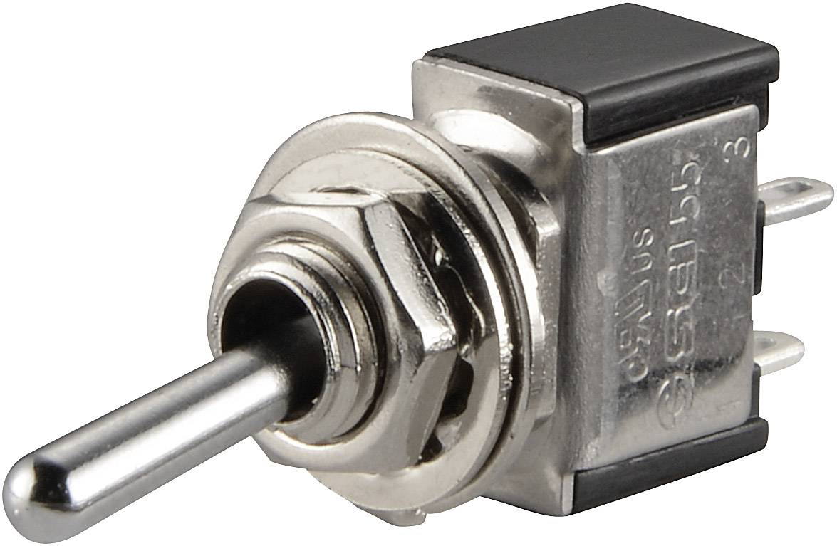 Un petit interrupteur à bascule argenté avec trois broches arrière, adapté pour le contrôle d'appareils électriques.