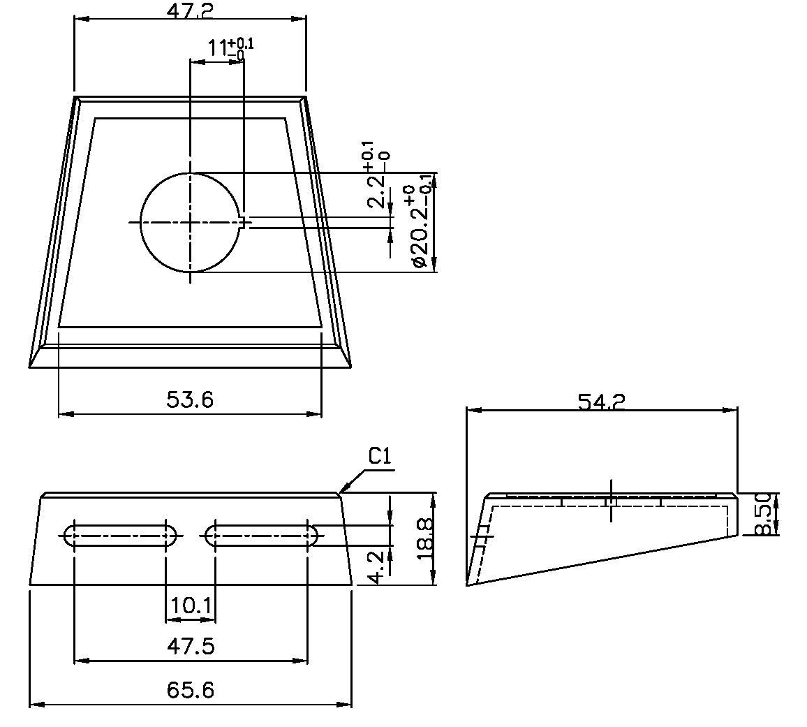 Dessin technique d'un composant avec plusieurs dimensions en millimètres. La vue de dessus et la vue latérale montrent les positions des trous et les angles.