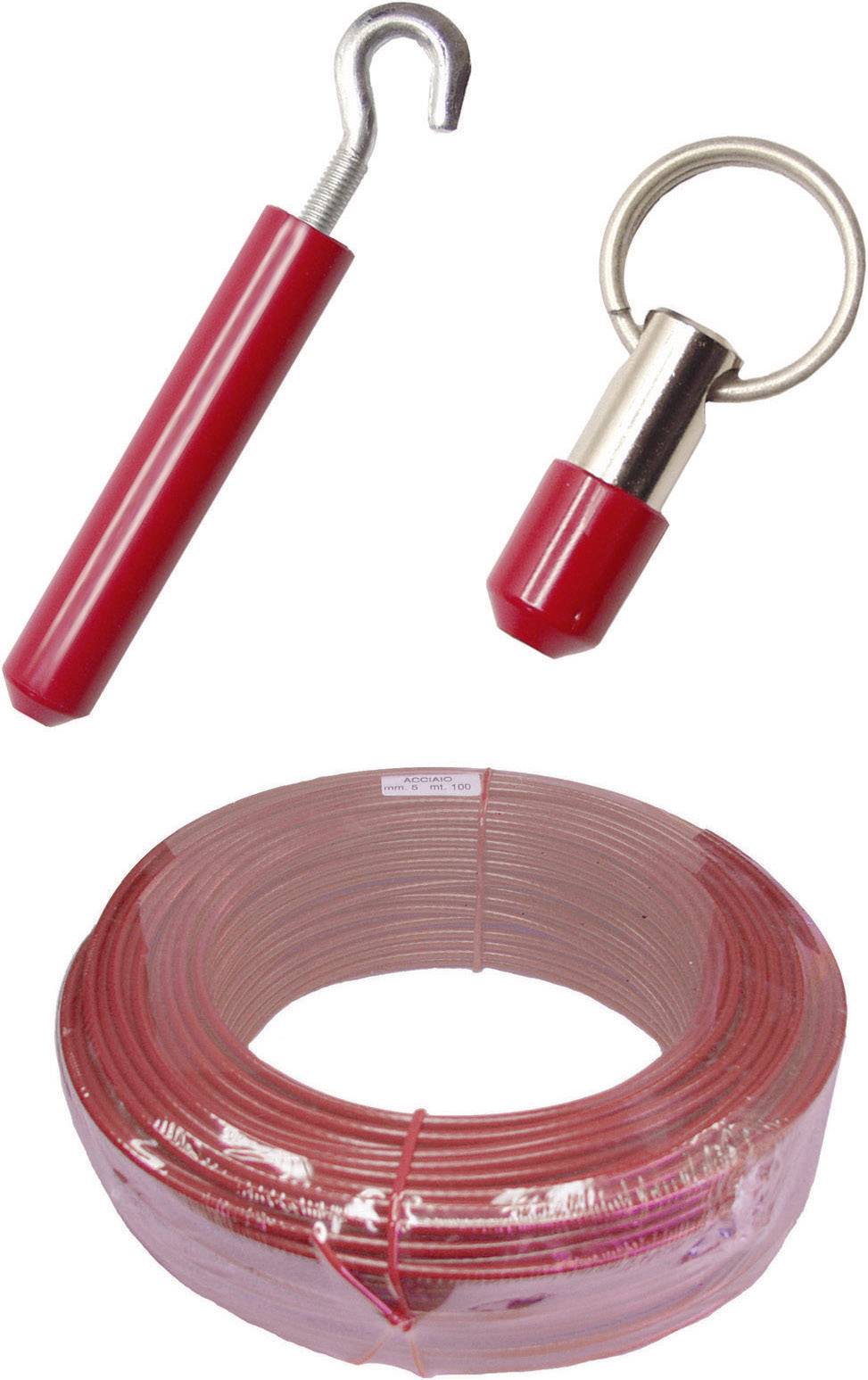 Un chenal de câbles rouge avec un crochet et une fermeture magnétique. Le crochet est pourvu d'une poignée. Adapté pour guider les câbles.