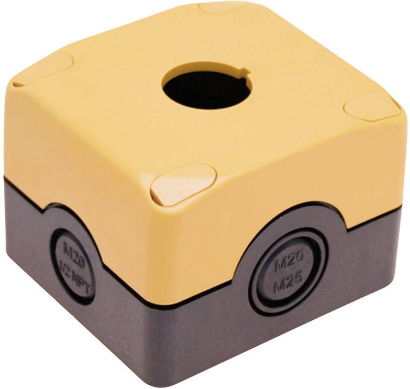 Boîtier en plastique jaune de forme carrée avec un dessous noir. Un trou circulaire est situé au centre de la partie supérieure.